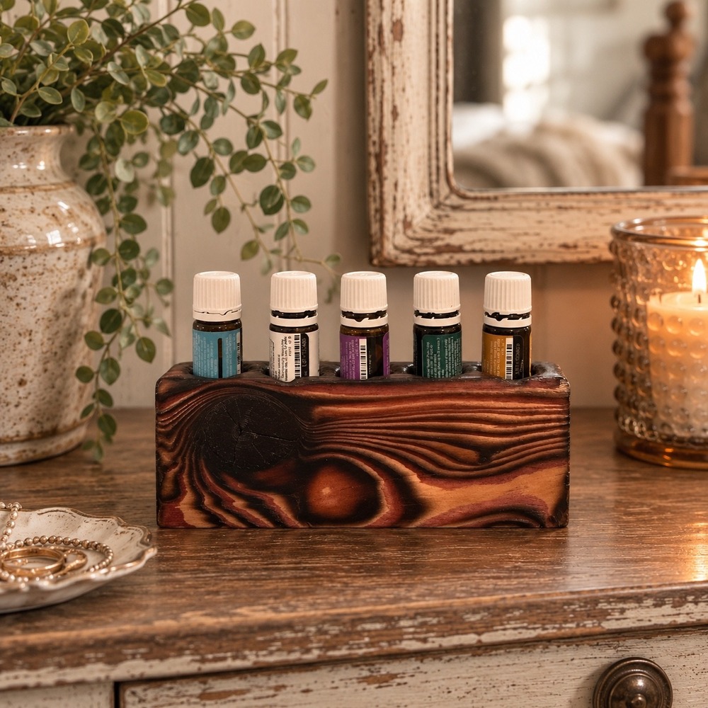 Handmade Rustic Wood Essential Oil Holder 5 Slot Charred Finish Display Block